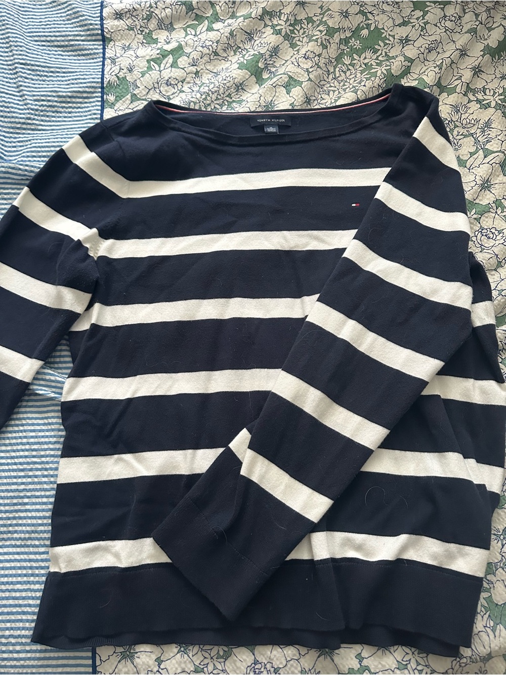 Tommy Hilfiger Navy and White Striped Boatneck Sweater